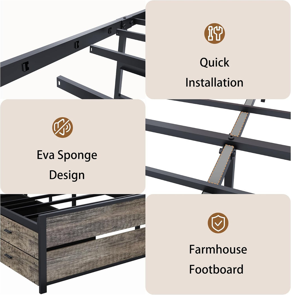 Metal Queen Bed Frame with Storage Headboard and 12 Drawers, Farmhouse Platform Bed with Charging Station, Metal Slats Support, No Box Spring Needed (Oak, Queen)