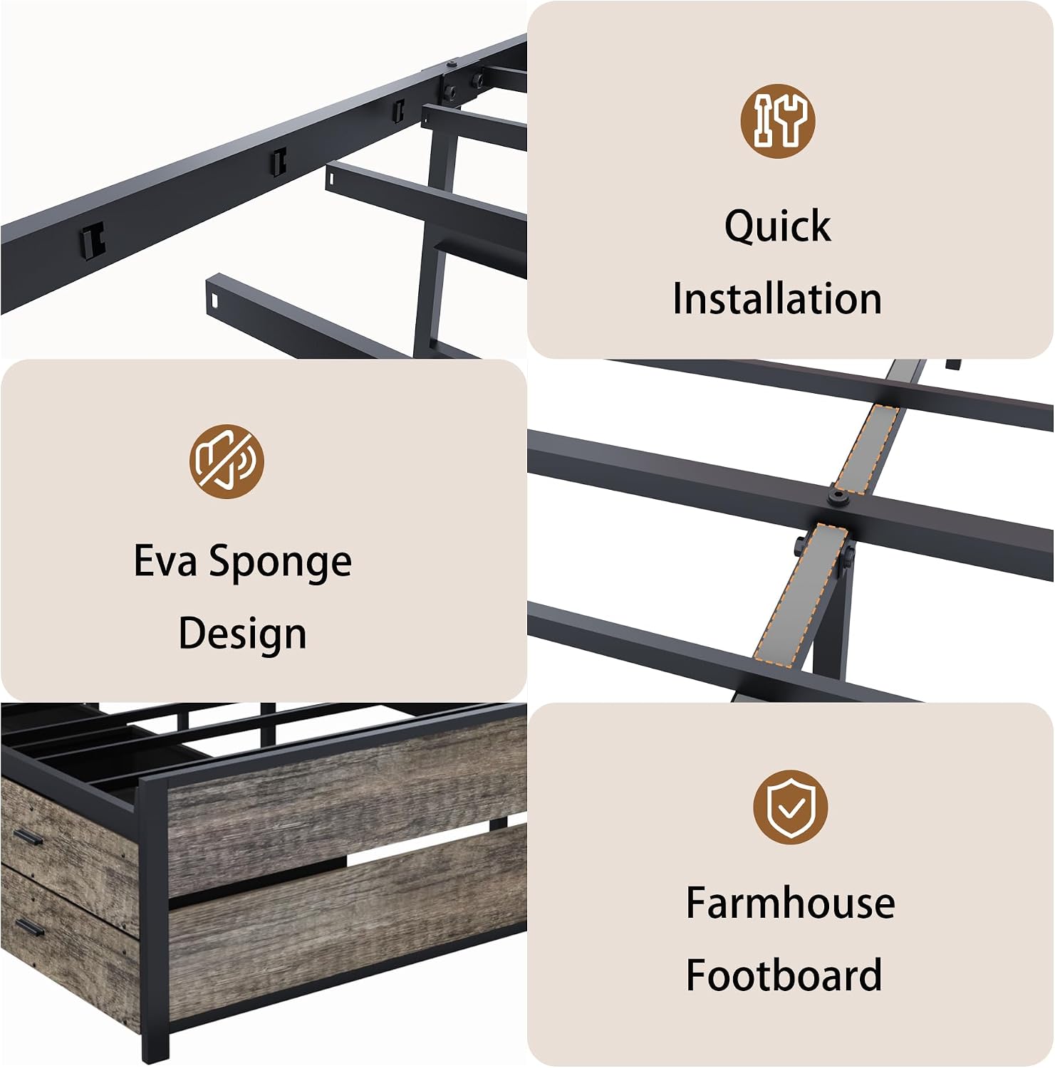 Metal Queen Bed Frame with Storage Headboard and 12 Drawers, Farmhouse Platform Bed with Charging Station, Metal Slats Support, No Box Spring Needed (Oak, Queen)