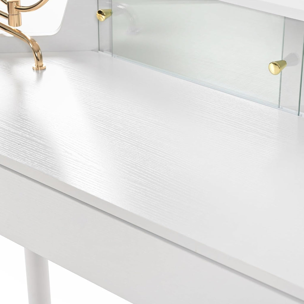 Modern Corner Makeup Vanity Desk with Large Storage, LED Mirror & Stool – Brightness Adjustable, Space-Saving for Small Places