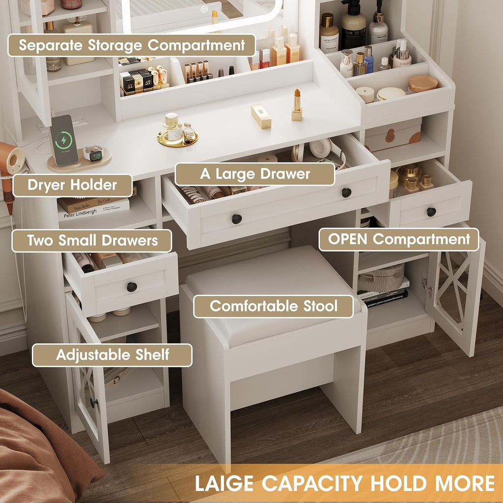 44.5' W Large Vanity Desk with Mirror,Cushioned Stool Makeup Vanity Table Set with Adjustable LED Lights and Power Outlet,Storage Drawers,Shelves for Bedroom Dressing Room White