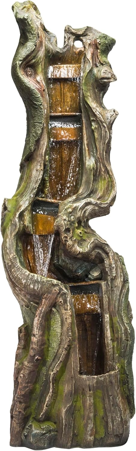 Alpine Corporation TVH156 79' Outdoor Floor Cascading Tree Trunk Water Fountain with LED Lights, Waterfall with Lights, Brown
