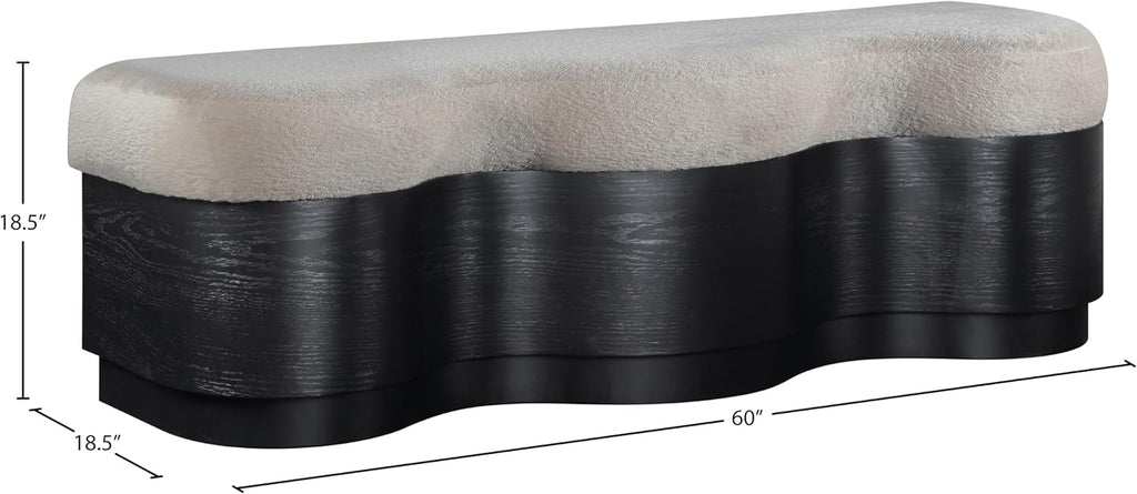 Meridian Furniture 22081Beige Savoy Collection Art Deco Bench with Soft Beige Velour Fur Fabric, Rich Black Finish, Mix of Solid Wood & MDF, 60' W x 18.5' D x 18.5' H, Beige