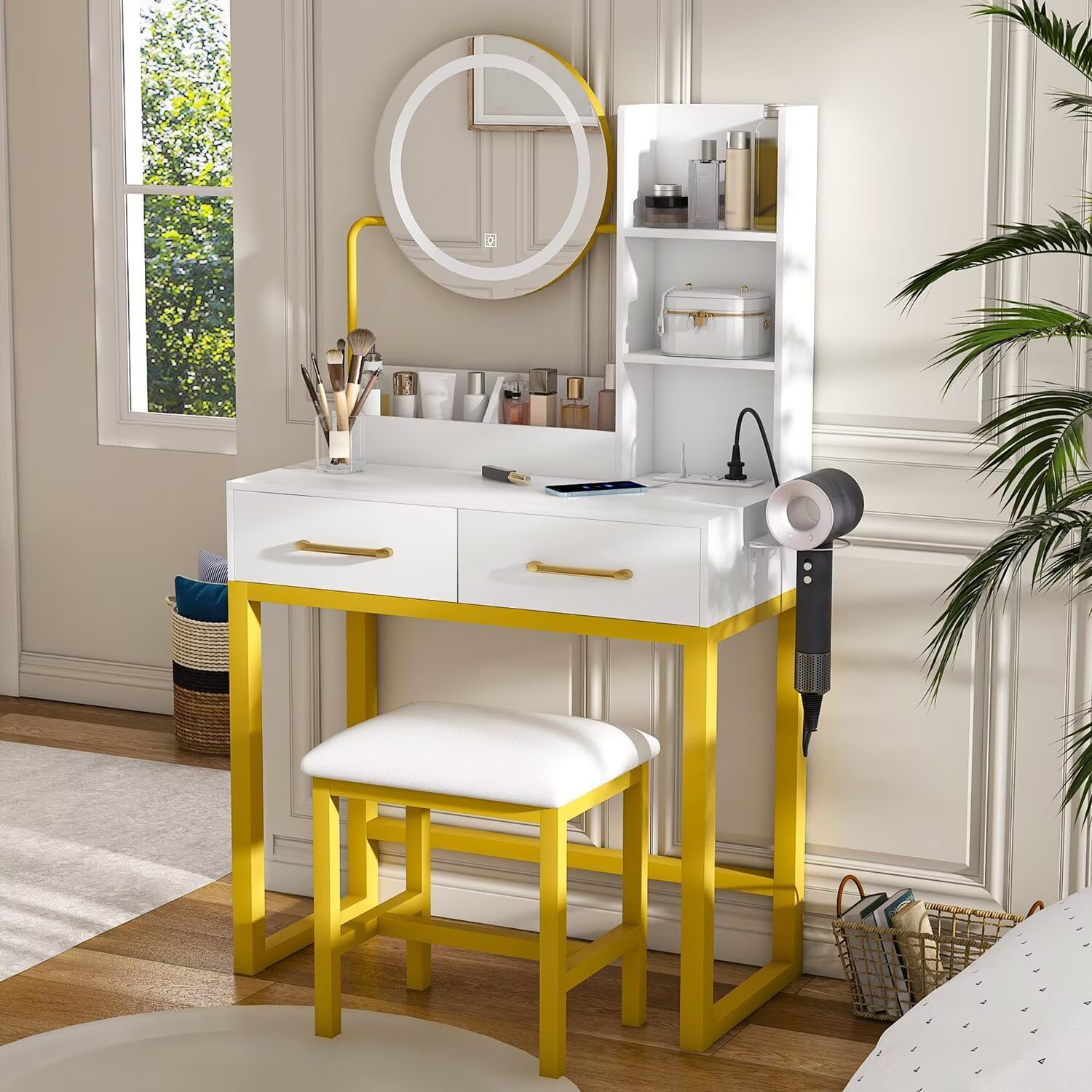 Makeup Vanity with LED Lights&3 Color and Power Outlet Makeup Vanity Table with 2 Big Drawers with Sturdy Metal Leg and Metal Chair Dressing Table for Bedroom Dressing Room