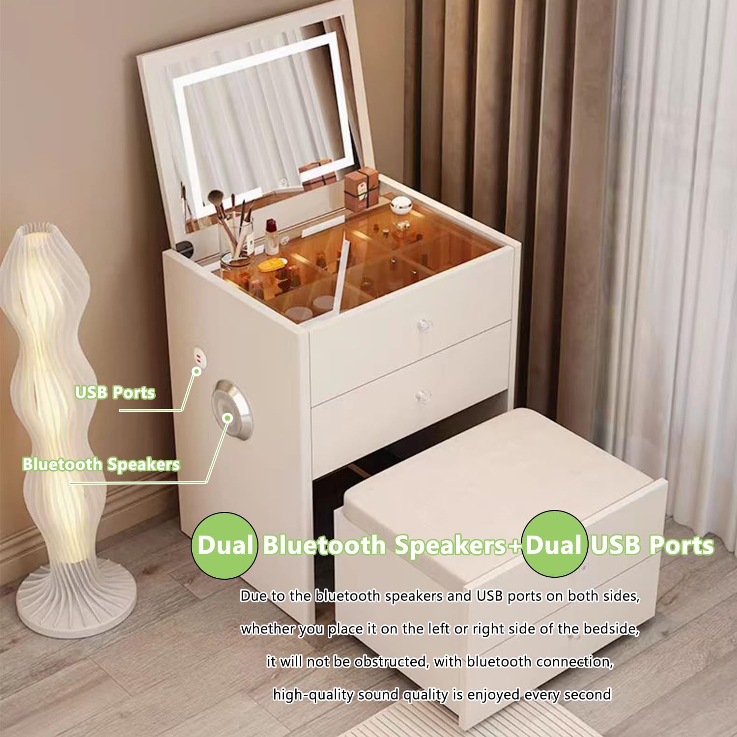 Compact Vanity Desk, 3 in 1 Vanity Desk with Dual Speakers and USB Charging, Corner Makeup Vanity Desk with Lights, Flip Mirror Light, Hidden Soft Stool, No Installation Required (19.7in)