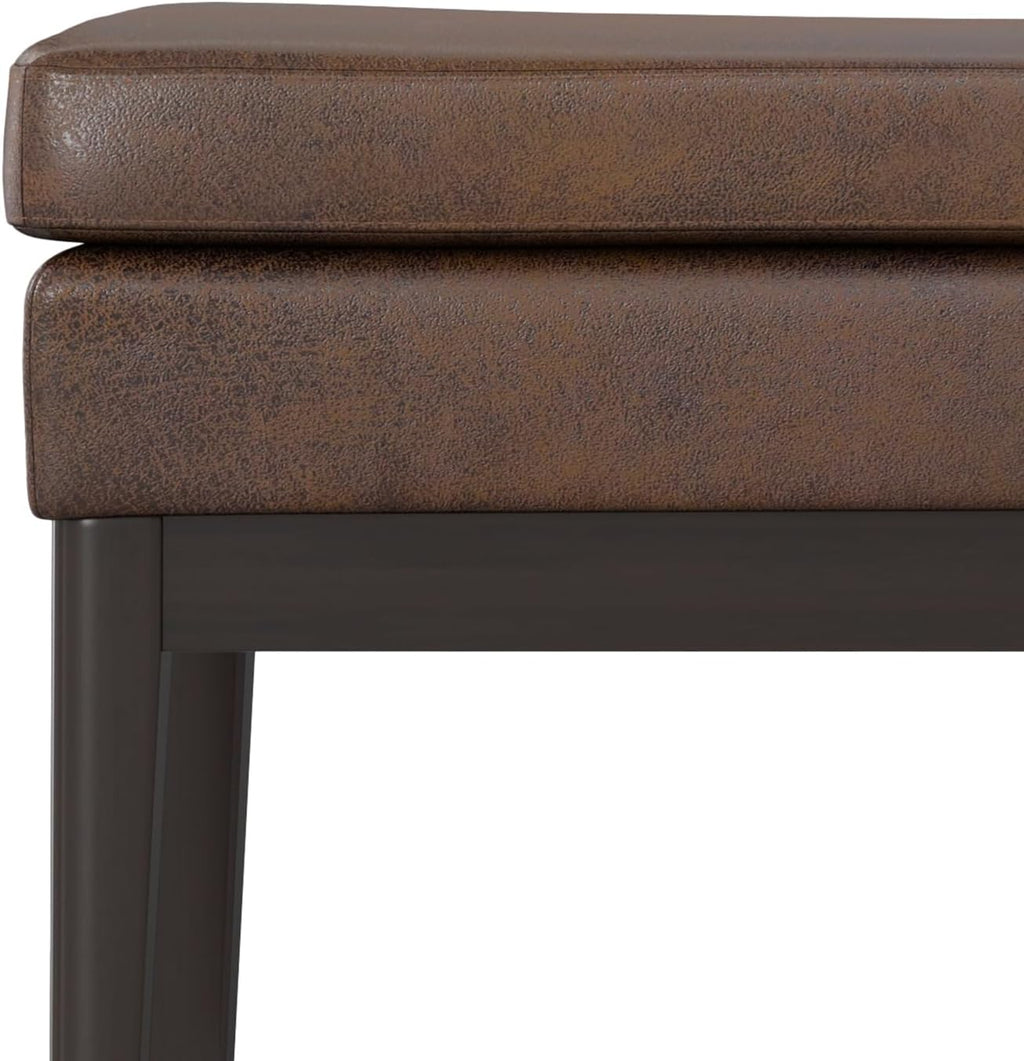 SIMPLIHOME Carlson Ottoman Bench - 45 inch Wide Upholstered Vegan Leather Rectangle Ottoman in Distressed Chestnut Brown, Mid Century Modern Bench for Bedroom or Living Room with Padded Seat