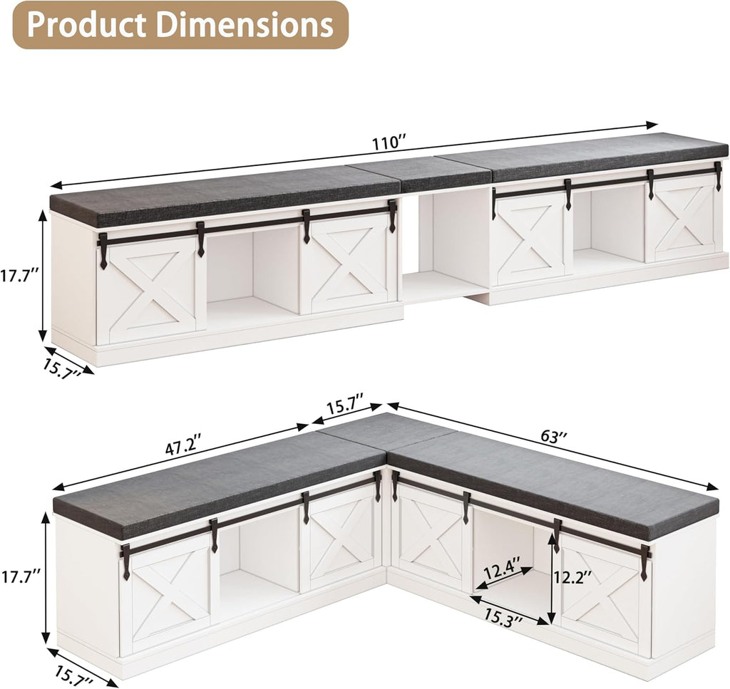 Farmhouse L Shaped Corner Shoe Storage Bench, Corner Bench with Cushion and Sliding Barn Door, 63' Breakfast Nook Benches with Hidden Storage for Entryway, Dining Room, Hallway