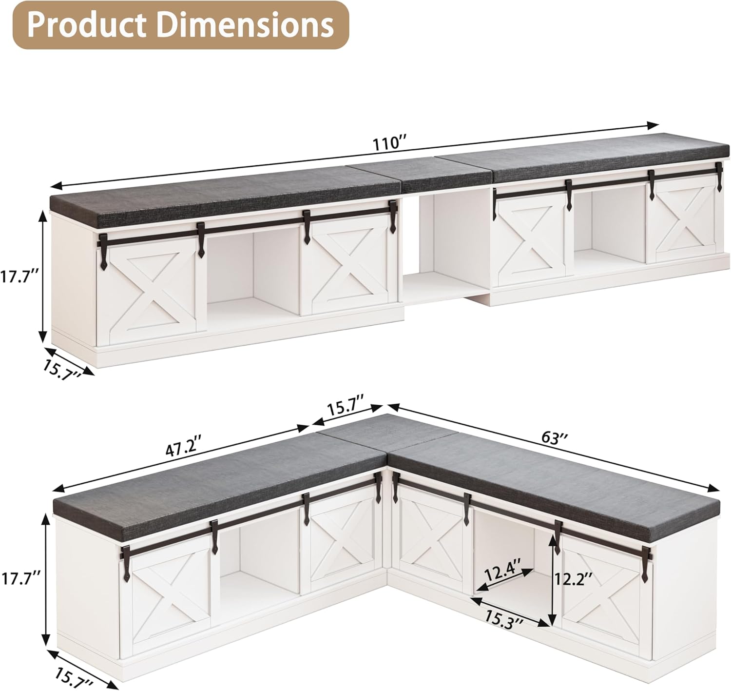 Farmhouse L Shaped Corner Shoe Storage Bench, Corner Bench with Cushion and Sliding Barn Door, 63' Breakfast Nook Benches with Hidden Storage for Entryway, Dining Room, Hallway