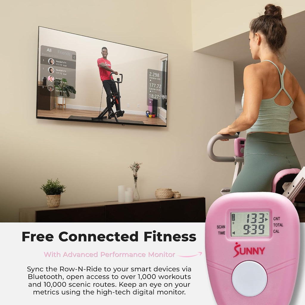 Sunny Health & Fitness Smart Upright Row-N-Ride Trainer w/Adjustable Resistance & 330LB Weight Capacity, Foldable Home Exercise Equipment for Arm, Glute & Leg Training, Free SunnyFit App Connection
