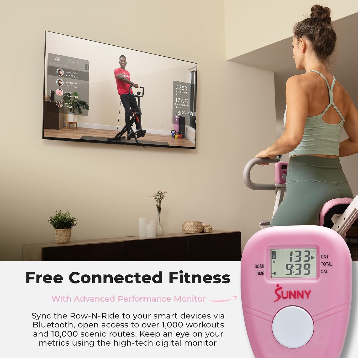 Sunny Health & Fitness Smart Upright Row-N-Ride Trainer w/Adjustable Resistance & 330LB Weight Capacity, Foldable Home Exercise Equipment for Arm, Glute & Leg Training, Free SunnyFit App Connection