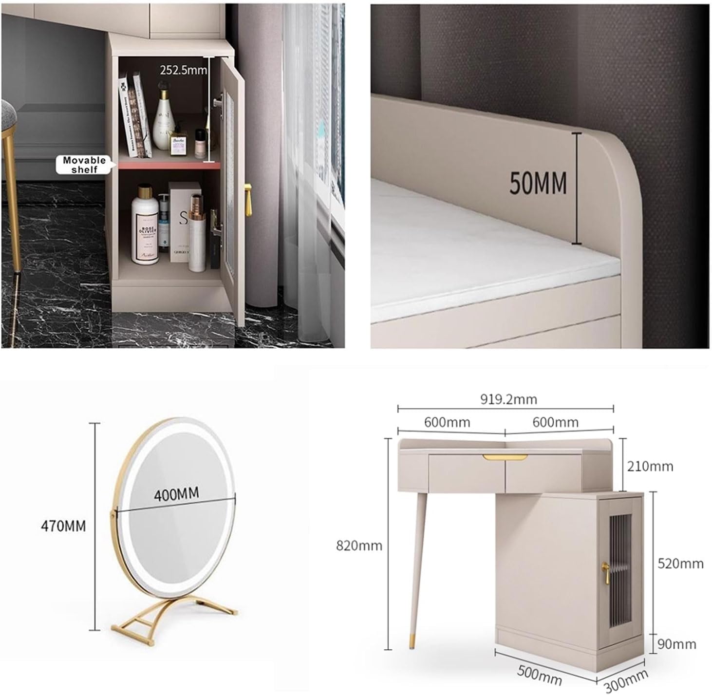 UPGENT Vanity Desk with Touch Screen Lighted Mirror, Corner Vanity Desk Set Dressing Table with 360 ° flippable Mirror Surface for Bedroom Small Spaces, Women Girls