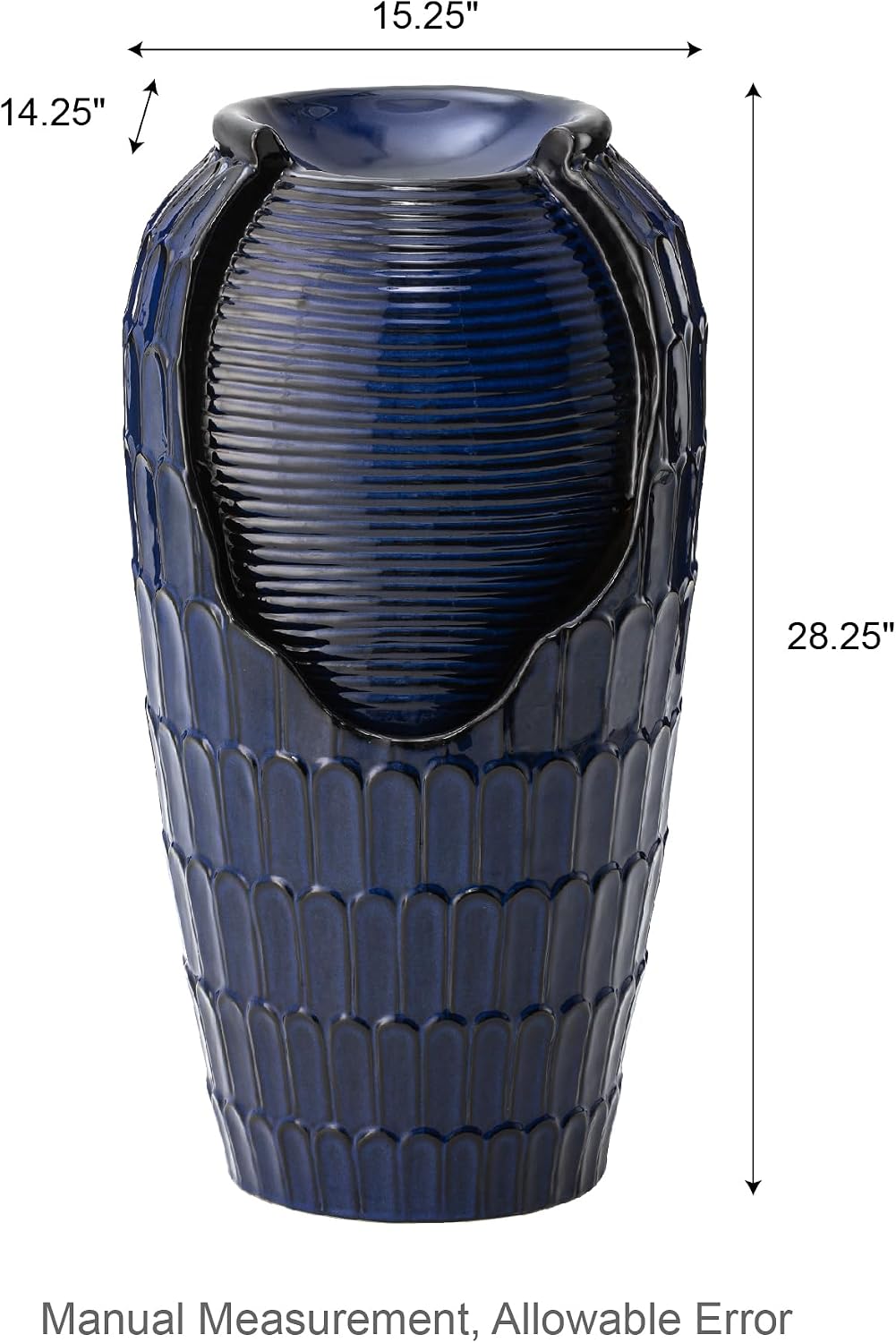 Glitzhome 28.25' H Oversized Ceramic Petals Textured Jar Outdoor Water Fountain, Vintage Cobalt Blue Glaze Vase Patio Garden Waterfall Fountain with LED Light and Submersible Pump