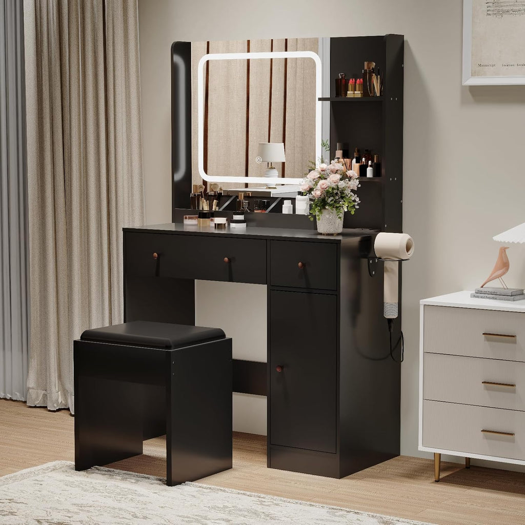 HaHarmoHaby Vanity Desk with Lighted Mirror, Makeup Vanity Table with 4 Drawers, Shelves,3 Color Modes & Adjustable Brightness, Dressing Table Set with Stool for Bedroom