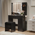 HaHarmoHaby Vanity Desk with Lighted Mirror, Makeup Vanity Table with 4 Drawers, Shelves,3 Color Modes & Adjustable Brightness, Dressing Table Set with Stool for Bedroom