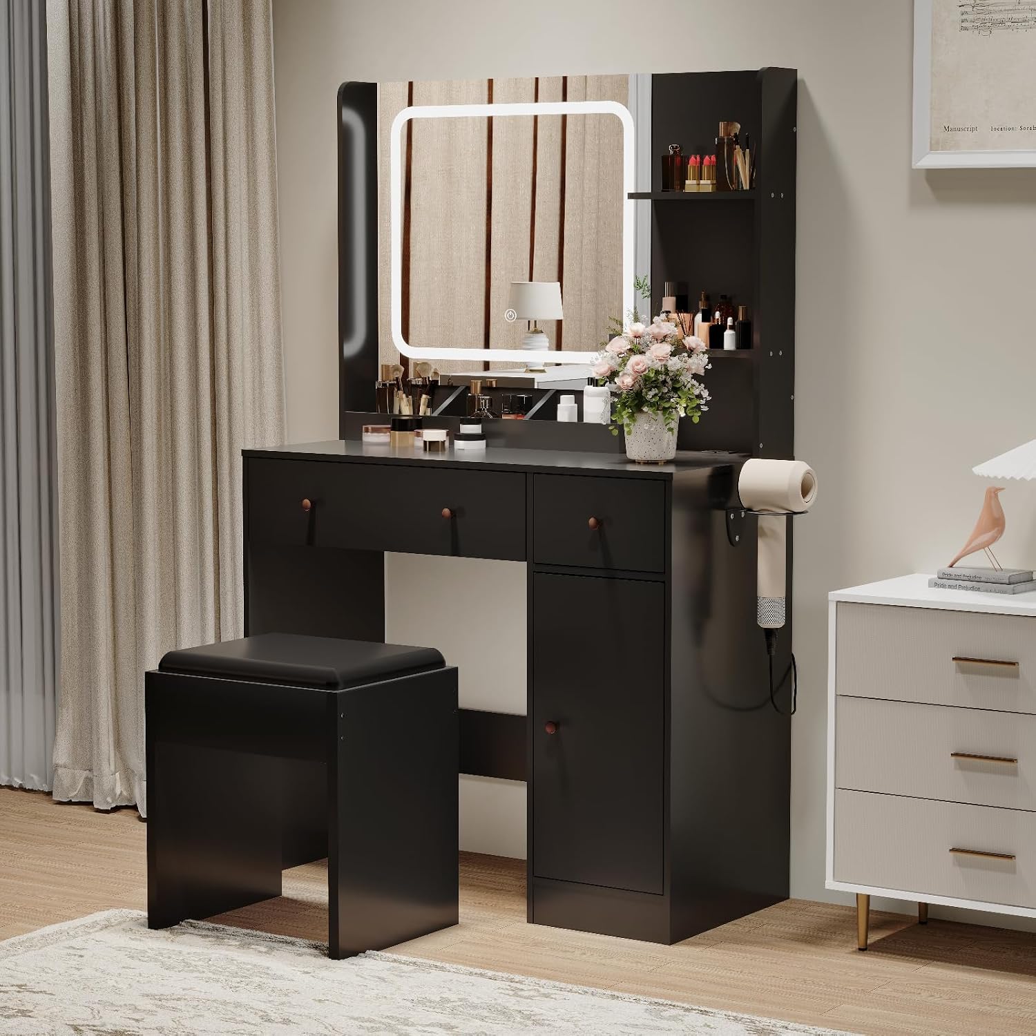HaHarmoHaby Vanity Desk with Lighted Mirror, Makeup Vanity Table with 4 Drawers, Shelves,3 Color Modes & Adjustable Brightness, Dressing Table Set with Stool for Bedroom