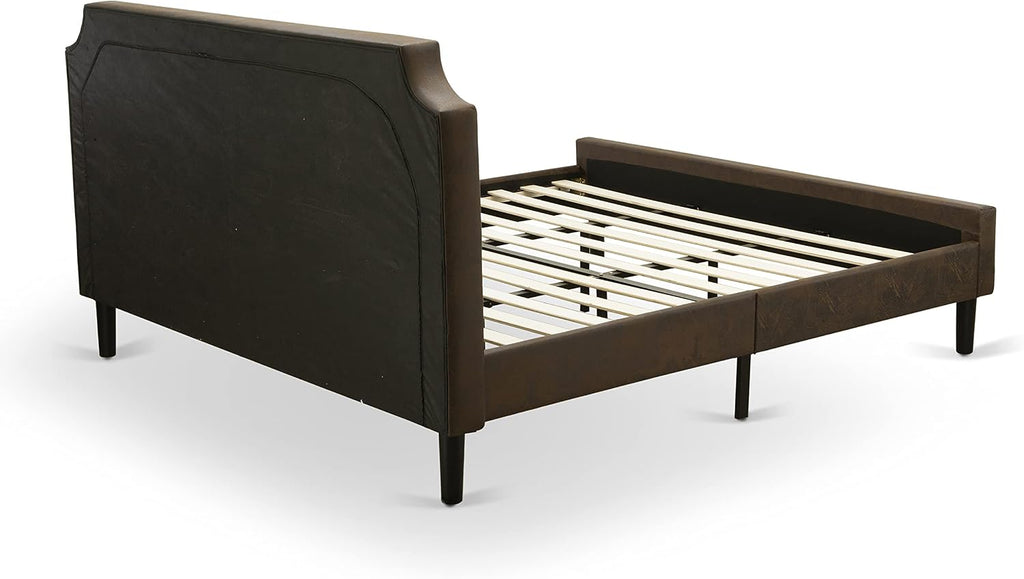 East West Furniture GB25K-1GA06 2-Pc Granbury Bed Set with Button Tufted Platform Bed and 1 Wire Brushed Black Mid Century Modern Nightstand - Dark Brown faux Leather with Black Texture and Black Legs