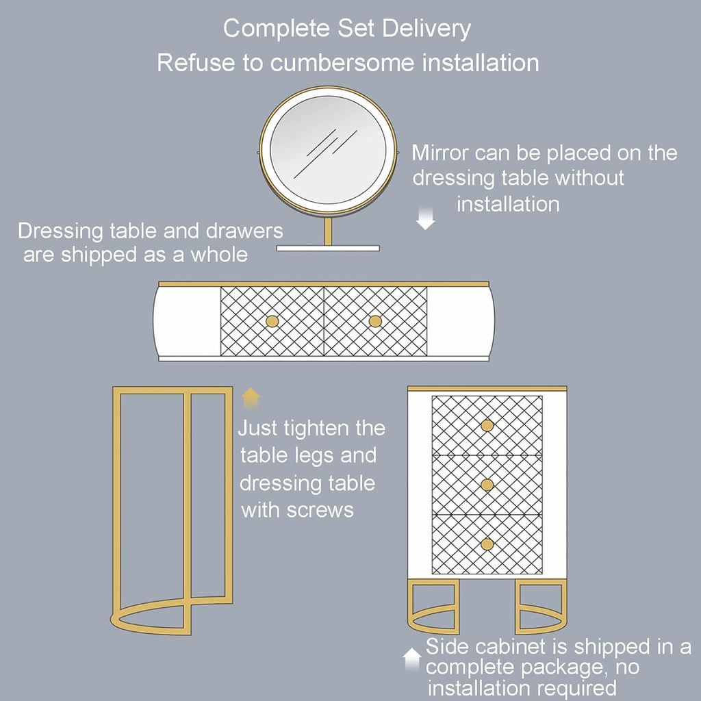 Corner Makeup Table Set Makeup, Women Dresser Table Vanity with 5-6 Drawers, Vanity Dressing Table with 360° Rotating Mirror, Makeup Vanity Benches Vanity Desk ，100cm White Petal Chair