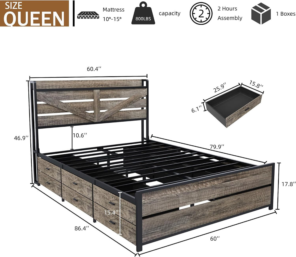 Metal Queen Bed Frame with Storage Headboard and 12 Drawers, Farmhouse Platform Bed with Charging Station, Metal Slats Support, No Box Spring Needed (Oak, Queen)