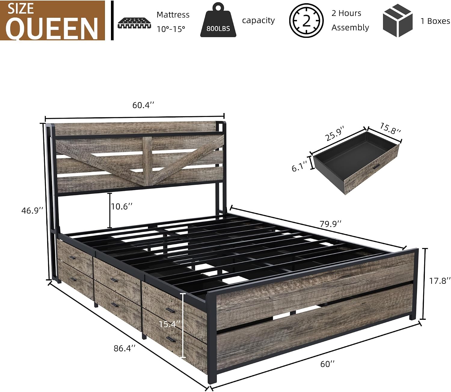 Metal Queen Bed Frame with Storage Headboard and 12 Drawers, Farmhouse Platform Bed with Charging Station, Metal Slats Support, No Box Spring Needed (Oak, Queen)