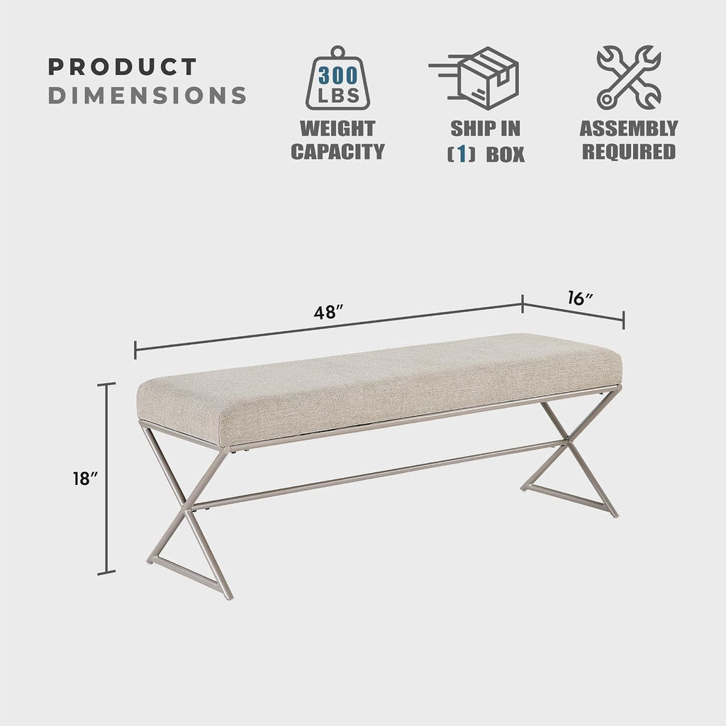 Lexicon Modern Upholstered Entryway Bench, Chenille Fabric Cushion Seat with Foam Padding and Champagne Iron Frame, Accent Bench for Bedroom/Hallway/Living Room, Taupe