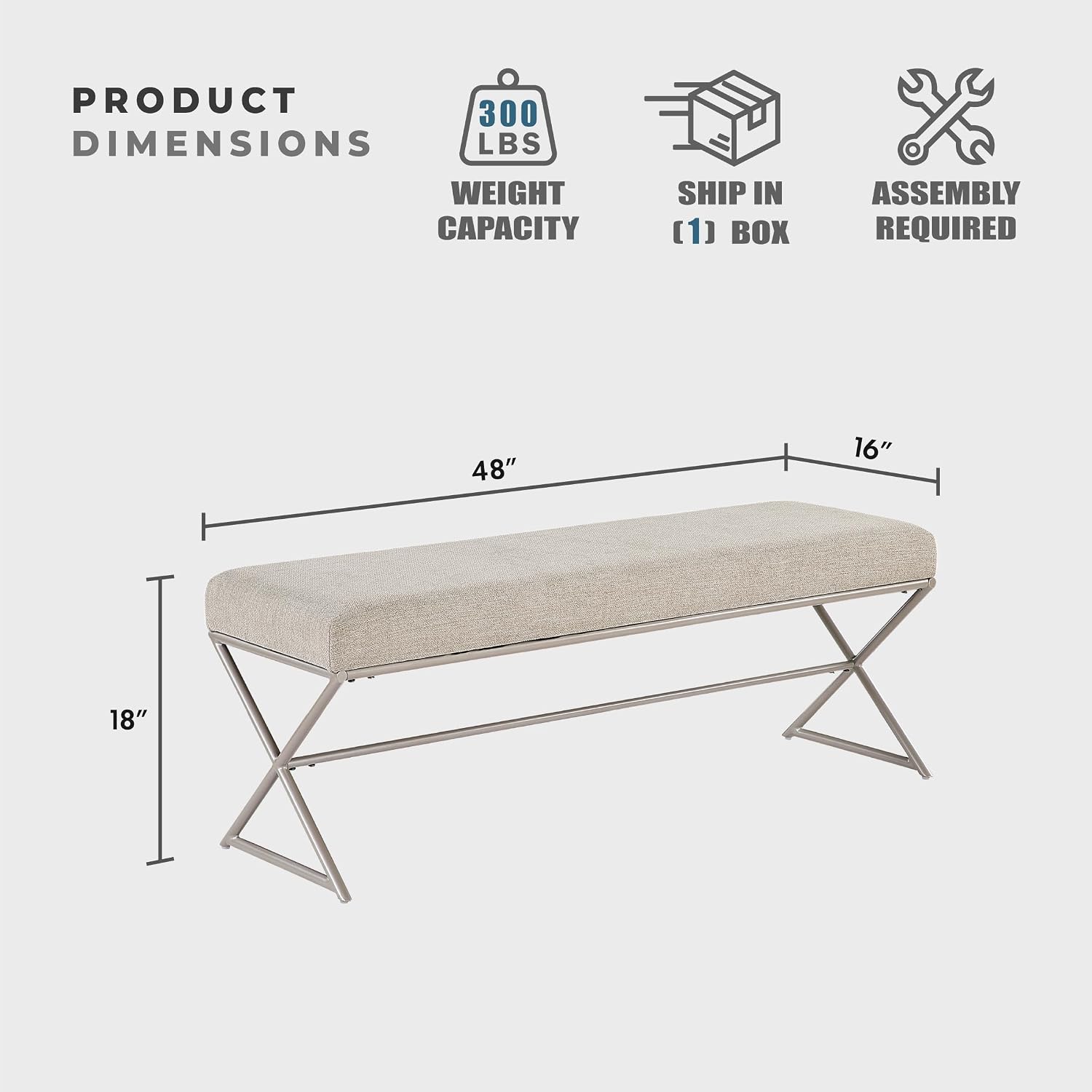 Lexicon Modern Upholstered Entryway Bench, Chenille Fabric Cushion Seat with Foam Padding and Champagne Iron Frame, Accent Bench for Bedroom/Hallway/Living Room, Taupe