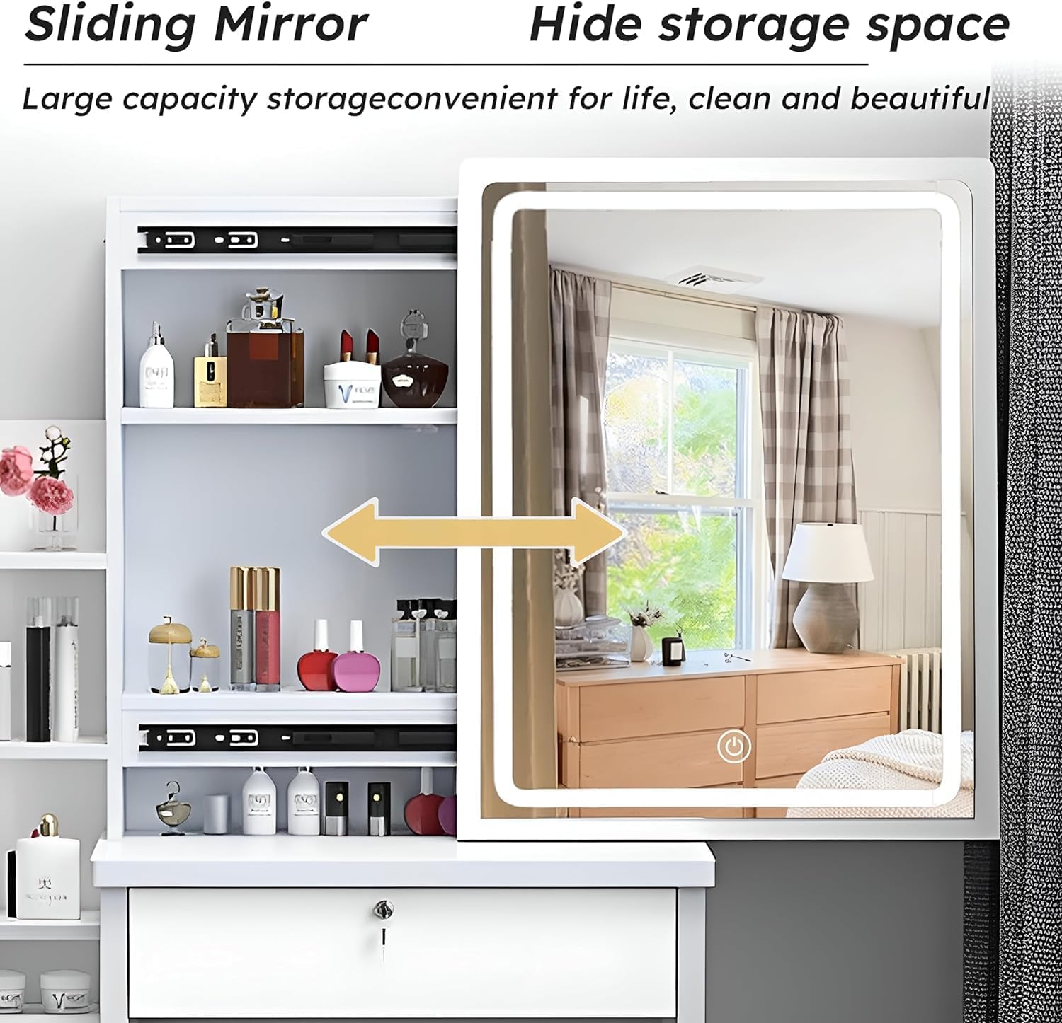 Makeup Vanity Desk with Mirror and Lights, Vanity Table Set with Storage Drawer & Chair & 3 Shelves, 3 Lighting Colors, Adjustable Brightness White Makeup Vanity with Lights (Medium)