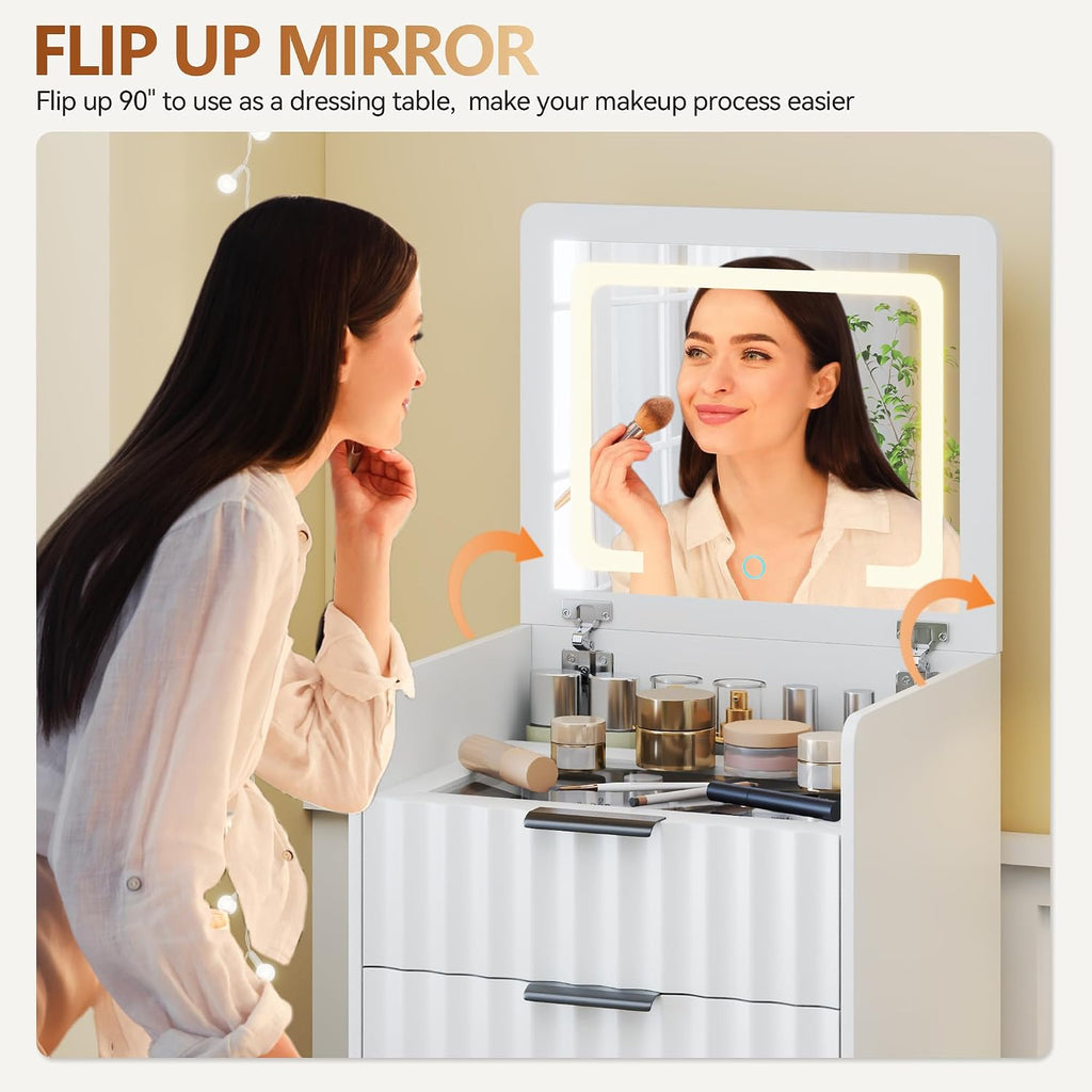 3-in-1 Small Vanity Desk with Flip Top Mirror and Lights,Fluted Compact Makeup Vanity with Storage Stool and Drawers,Mini Vanity Table Set for Bedroom Furniture,White