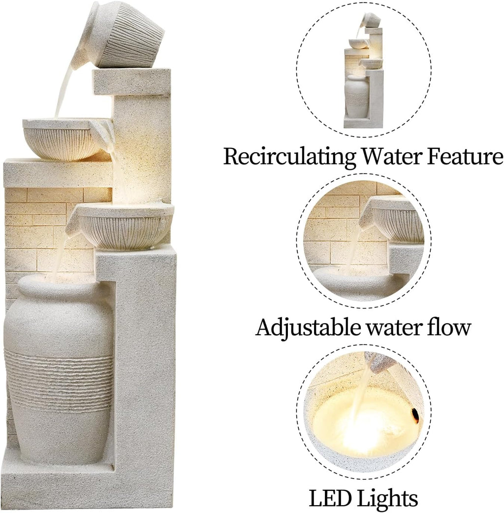 42.52' Outdoor Garden Water Fountain with Lights 4 Tiers Cascading Large Waterfall Floor Standing Fountain for Patio, Backyard, Deck, Porch and Home Art Decor