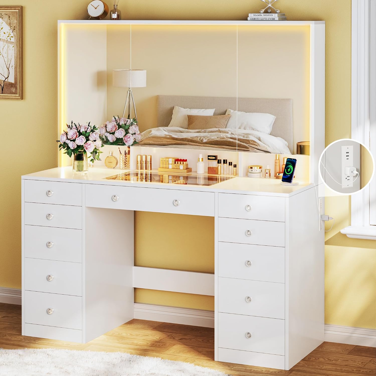 HUAHUU Vanity Desk with Mirror and Lights, 50' Makeup Vanity with Glass Top & Power Outlet, White Vanity with 11 Drawers & 8 Hidden Storage Shelves, 3 LED Lighting Modes Adjustable for Bedroom