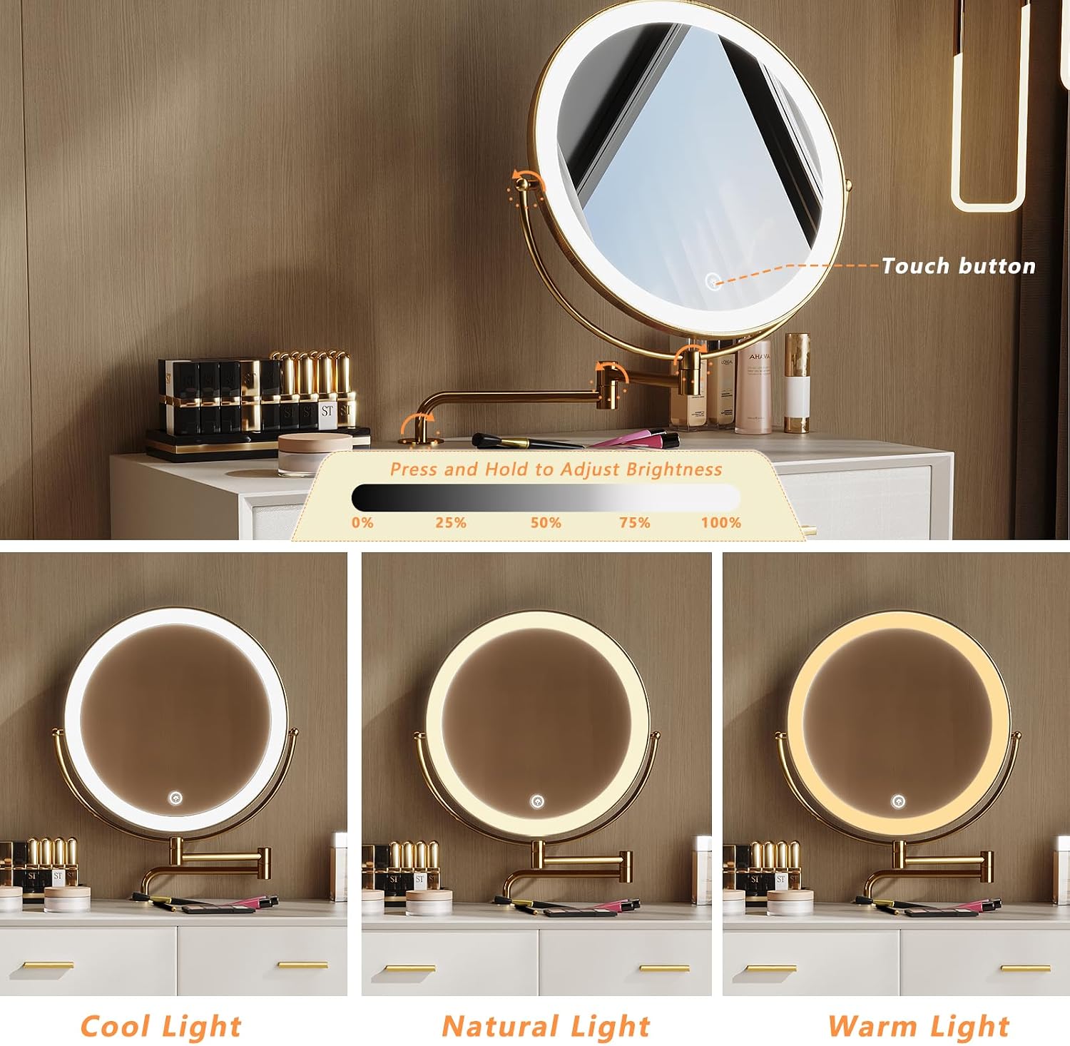 Vanity Desk with Adjustable Mirror and Lights, Makeup Desk with Drawers and Chair, Dressing Table Set with Leather Surface, Small Vanity Table for Bedroom, 3 Lighting Modes (Beige)