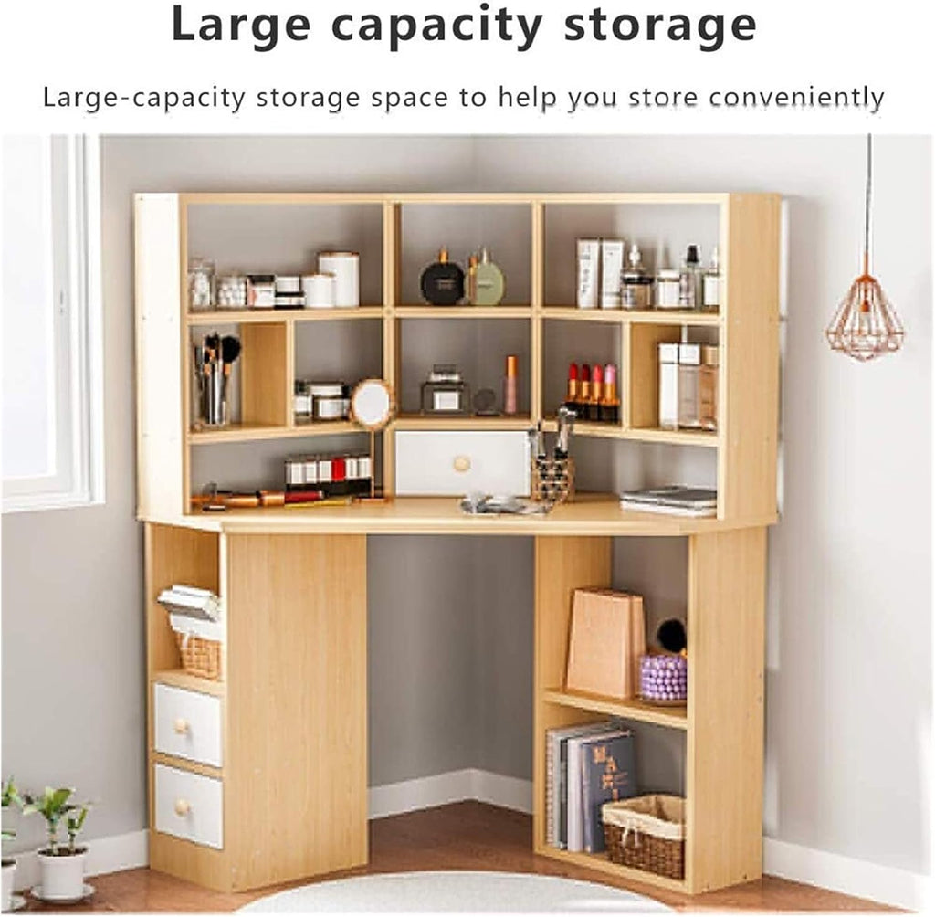 Luxury Dressing Vanity Table w/Stool for Bedroom, Corner Vanity Table, Solid Wood Dressing Table, Large Storage Organizer and Open Compartment, with Shelf Holder(C)