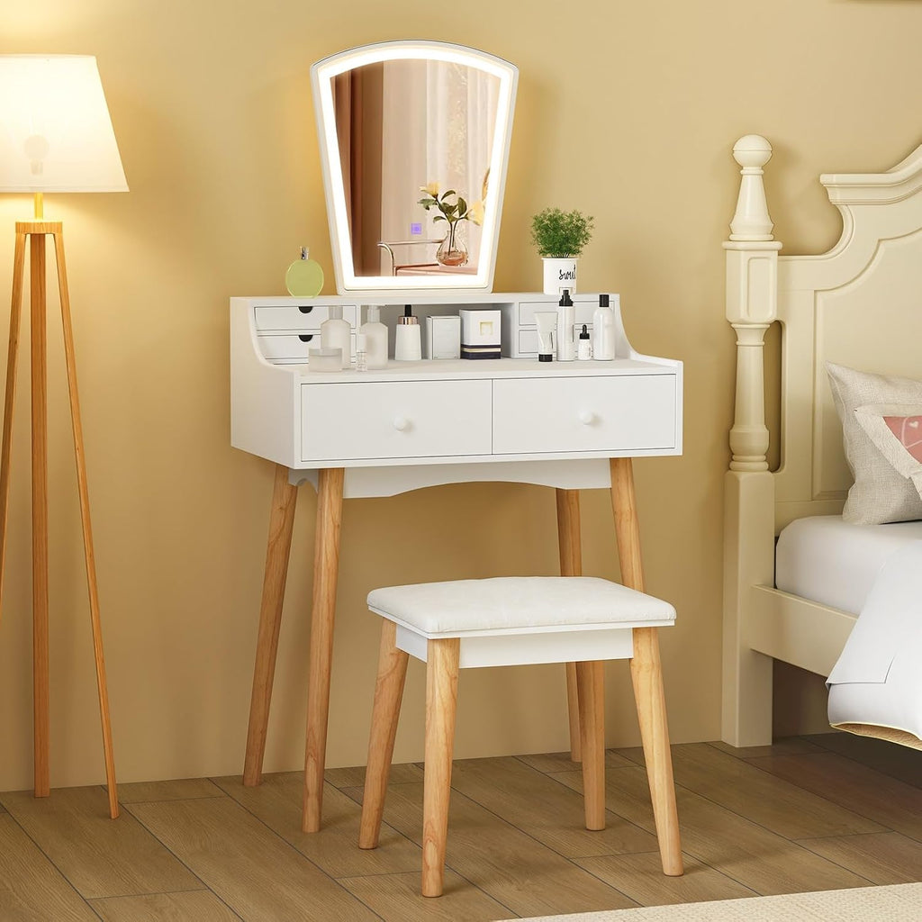 CHARMAID Small Vanity Desk with Mirror and Lights, White Makeup Vanity Desk with 6 Drawers, Adjustable 3 Color Lighting Modes, Compact Girls Bedroom Vanity Dressing Table with Stool for Small Space