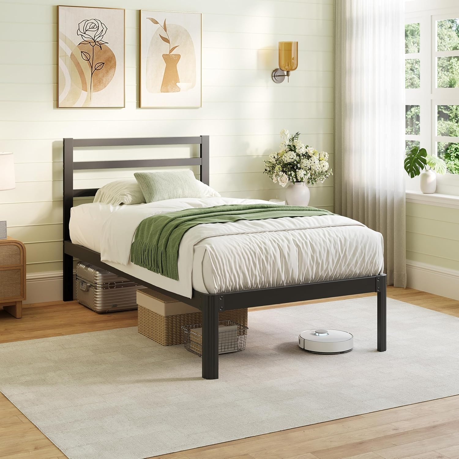 ZIYOO 18 Inch Twin XL Metal Bed Frame with Headboard, 1500 LBS Heavy Duty Platform Bed, Noise Free, No Box Spring Needed, Easy Assembly, Black for Hotel Bedroom Guest Room