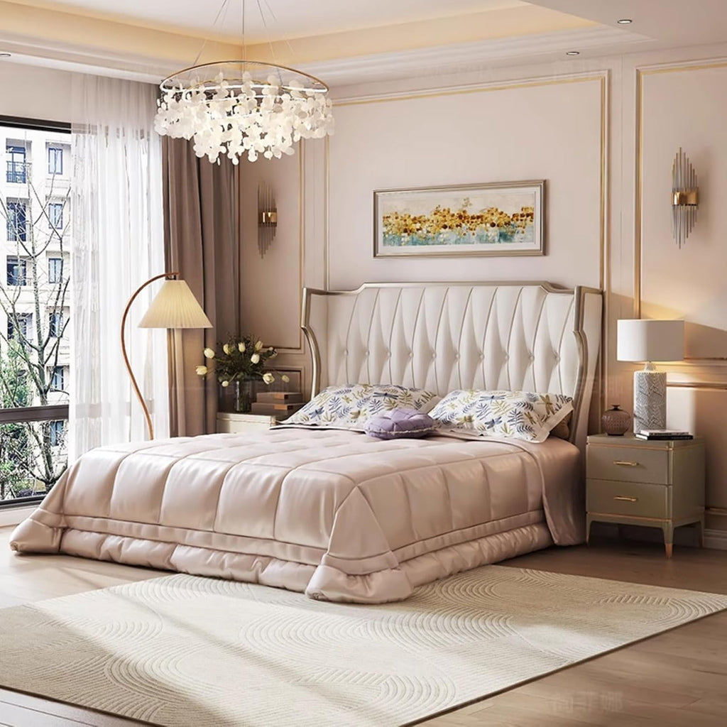 King Size Genuine Leather Bed Set with Headboard and Drawers Wooden Slats and Metal Frame Support No Box Spring Needed
