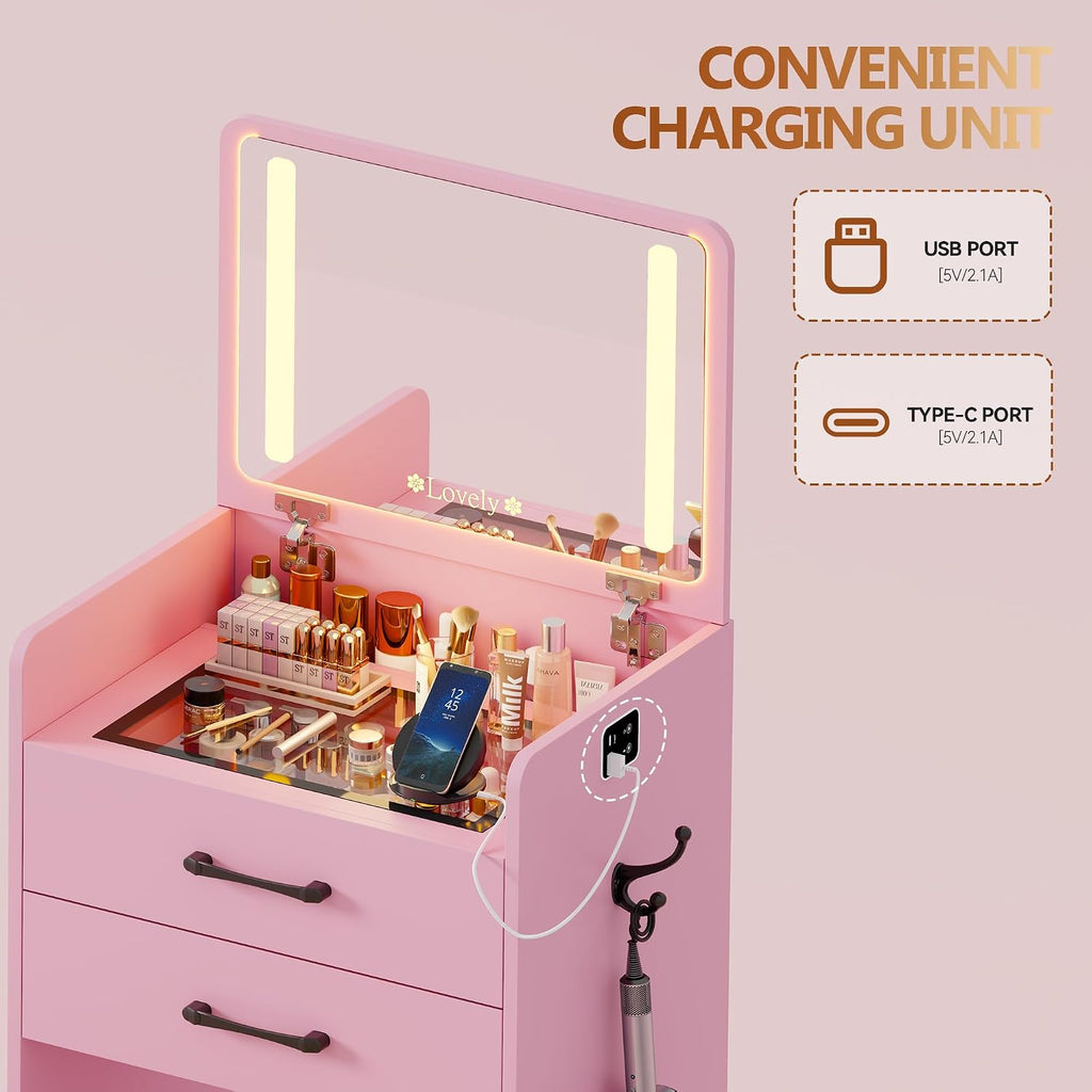 3 in 1 Vanity Desk with Flip up Mirror and Lights, Glass Top Makeup Vanity Table with Charging Station,LED Compact Dressing Table with 3 Drawer and Wheel Storage Stool for Bedroom(Pink)
