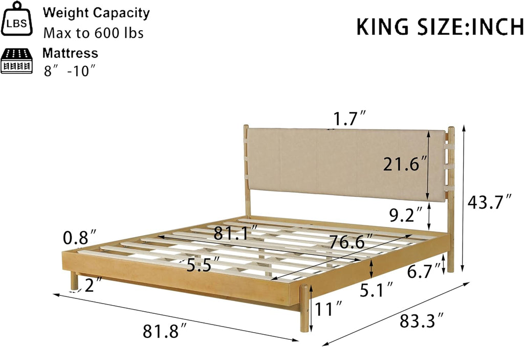 King Bed Frame Set with Nightstands: 600lbs Support Bedroom Furniture - 3-Piece Beige Wood Platform Bed & Matching Bedside Tables for Master Bedroom