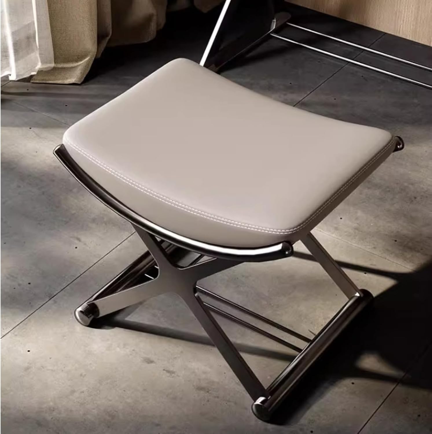 Leather Ottoman Vanity Stool with Metal X Legs, Multifunctional Padded Seat for Makeup, Living Room, Bathroom