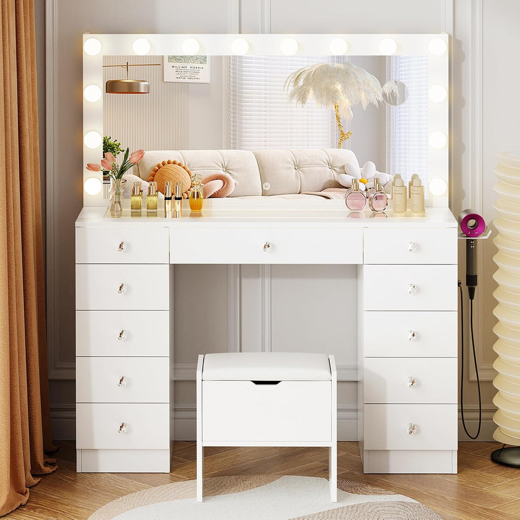 VOWNER Vanity with Lighted Mirror - Makeup Vanity Desk with Glass Top and 11 Drawers, 3 Color Lighting Modes Adjustable Brightness, 46' Vanity Table with Soft Cushioned Stool for Bedroom, White