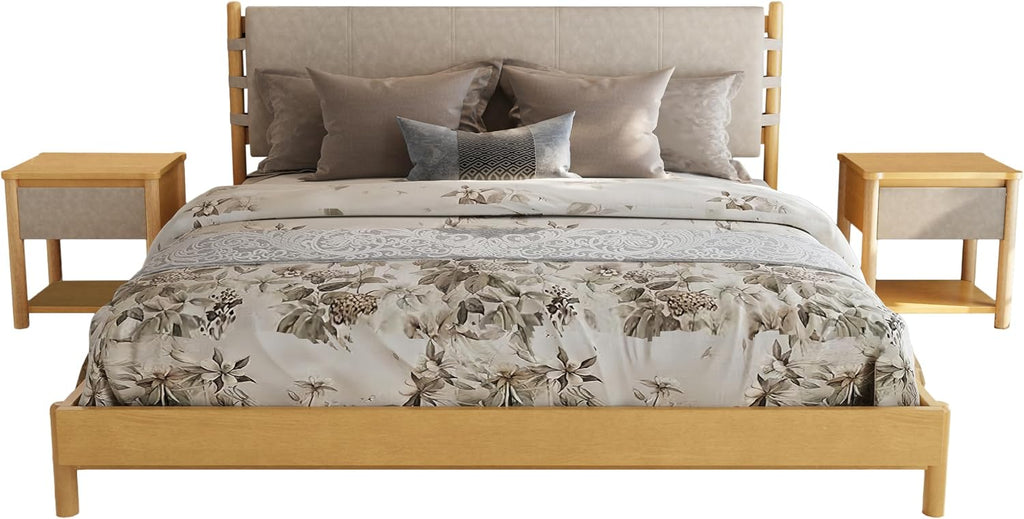 King Bed Frame Set with Nightstands: 600lbs Support Bedroom Furniture - 3-Piece Beige Wood Platform Bed & Matching Bedside Tables for Master Bedroom