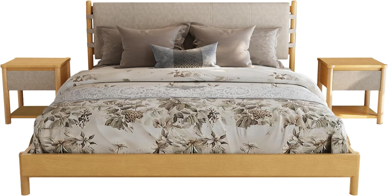 King Bed Frame Set with Nightstands: 600lbs Support Bedroom Furniture - 3-Piece Beige Wood Platform Bed & Matching Bedside Tables for Master Bedroom