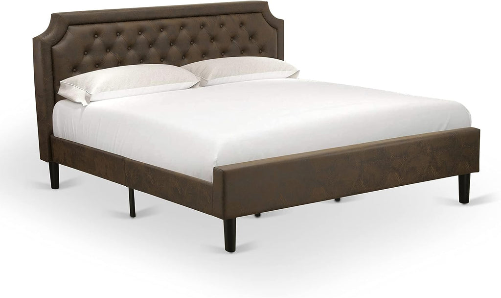 East West Furniture GB25K-1GA06 2-Pc Granbury Bed Set with Button Tufted Platform Bed and 1 Wire Brushed Black Mid Century Modern Nightstand - Dark Brown faux Leather with Black Texture and Black Legs