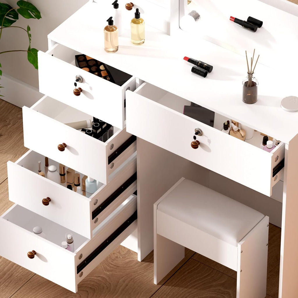Vanity Mirror with Lights Desk and Chair, 5 Drawers and Cabinet, Makeup Table with Large HD Mirror Makeup Desk, 3 Lighting Modes, White Makeup Table with Stool
