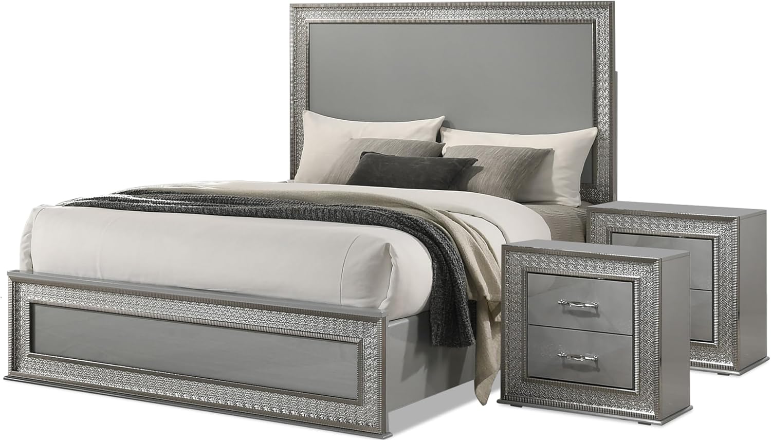 Furniture of America Kiria Glam Solid Wood 3-Piece Bedroom Set with Platform Bed, Metallic Scale Molding Trim and Felt-Lined Top Drawer on Nightstand, No Box Spring Needed, King, Metallic Gray