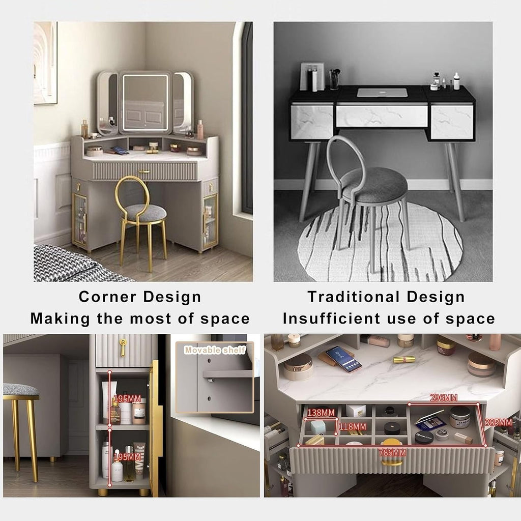 UPGENT Corner Makeup Vanity Table with Tri-fold Illuminated Mirror, Vanity Desk with Large-Capacity Secondary Cabinet, Bedroom Dressing Table with Stool for Small Spaces (Color : Gray, Size : 90CM)