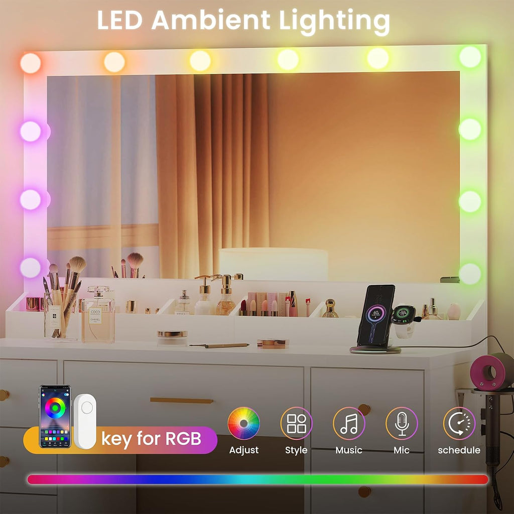 LAKEMID White Vanity Desk with Mirror and Lights, Makeup Vanity Table with Outlet and 8 Drawers,Makeup Table with 20 Color RGB Led Lights,Dressing Table for Bedroom Women