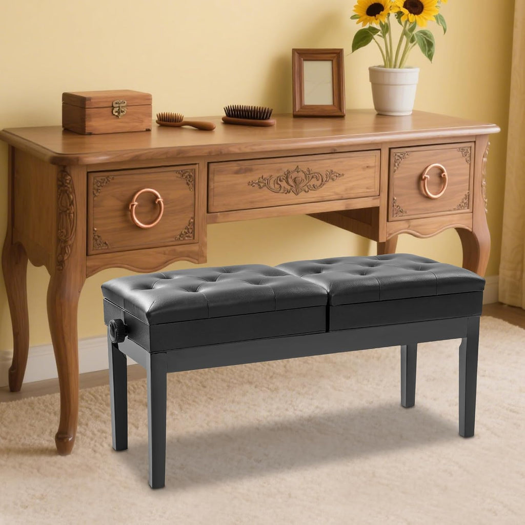 Adjustable Duet Piano Bench with Storage, Wood Keyboard Stool with PU Leather Padded Cushion, Double Seater Piano Chair with High-Density Sponge for Piano, Vanity, Living Room (Black)
