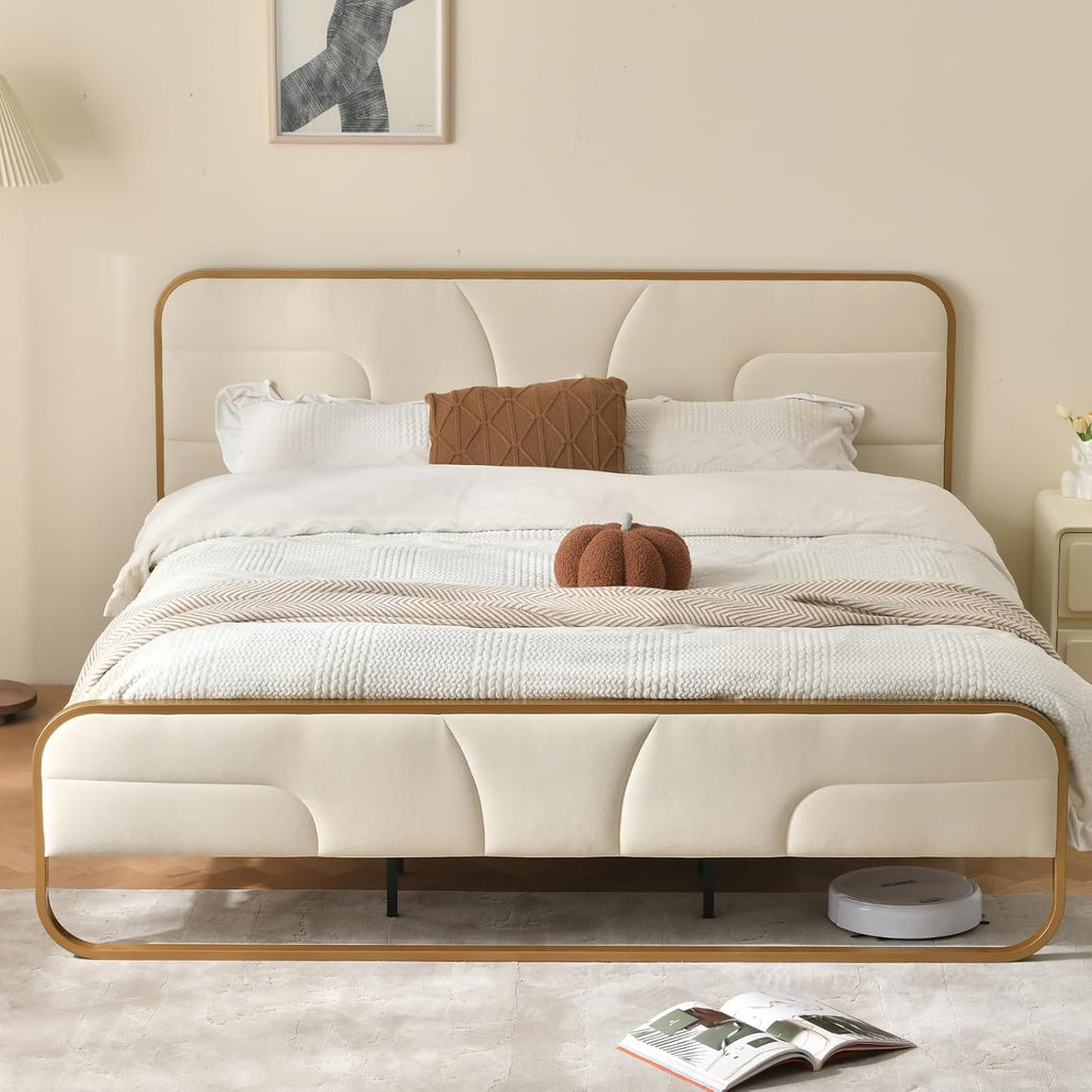 VELOCAVA Rounded Metal Upholstered Bed King with Unique Headboard, Soft Velvet Platform Bed Storage Supported by Metal Base and Wooden Slats, No Box Spring Needed,Gold & Cream