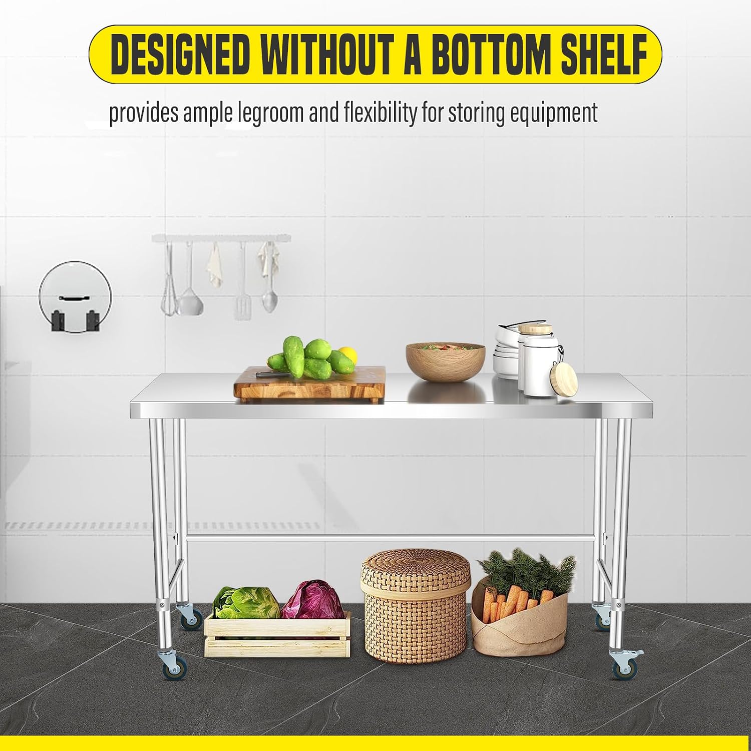 GarveeLife Stainless Steel Work Table, 48x24 x35 Inch, Commercial Kitchen Prep Table with Open Base for Restaurant, Food Prep, Garage and Workshop, Easy to Assemble and Clean, Silver