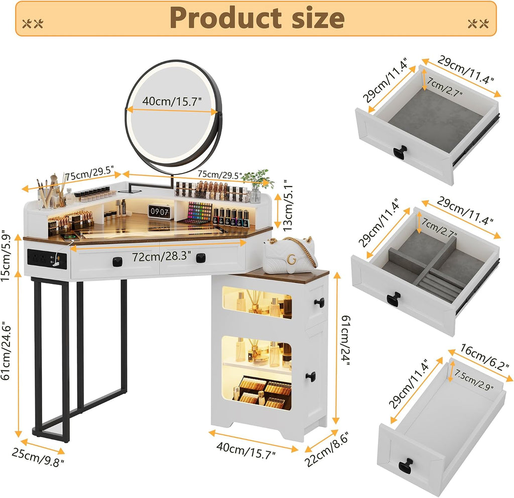 FREDEES Makeup Vanity with Mirror and Lights, Corner Vanity Table with Charging Station for Bedroom/Cloakroom, Glass Top Vanity Set with Drawers and Shelves, White