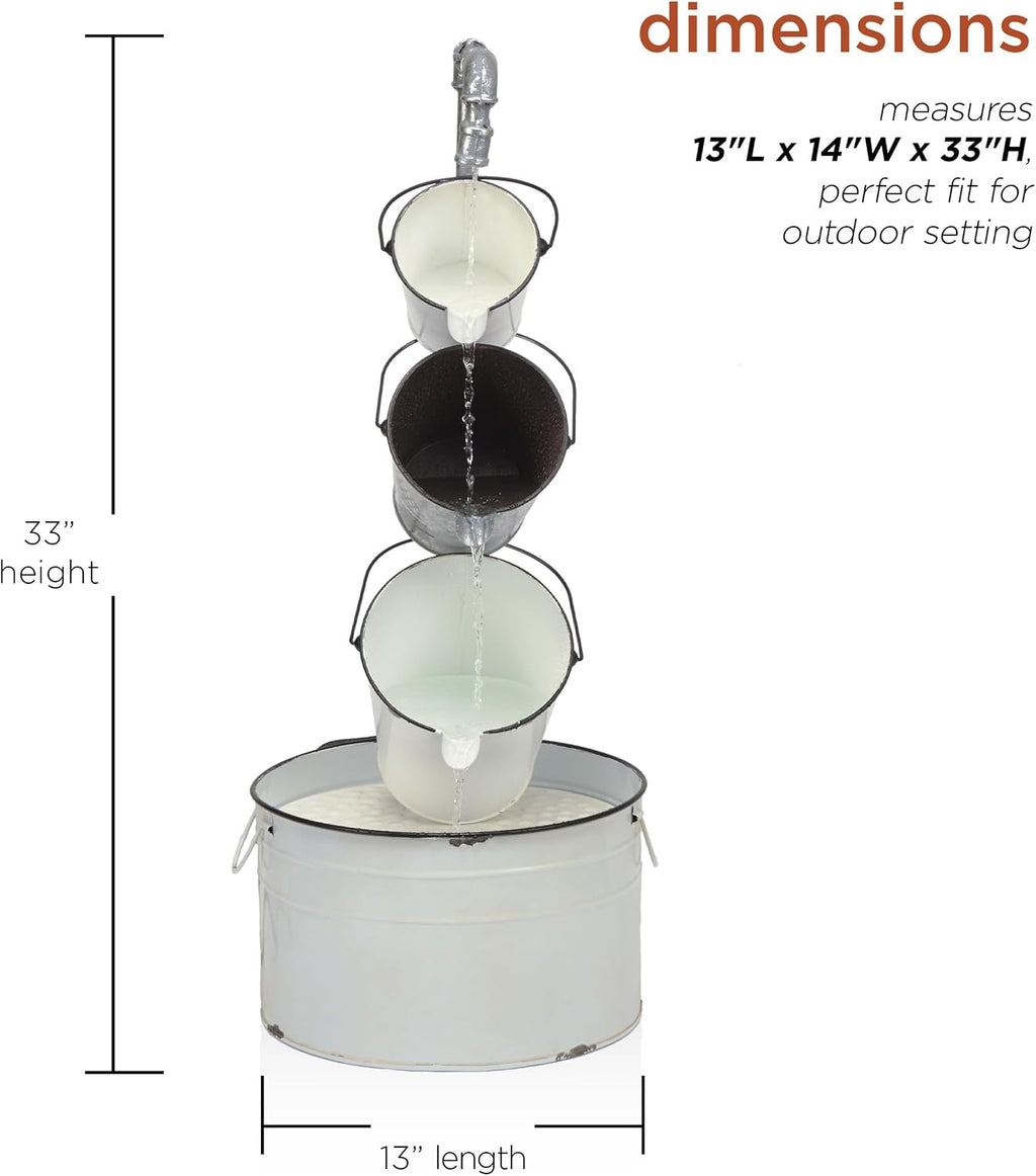 Alpine Corporation MCC594 33' Indoor/Outdoor Floor Vintage Metal Pails Fountain – Tiered Pails Garden Fountain, Water Feature for Patio, Garden, Yard, and Outdoor Spaces, Rustic Cream