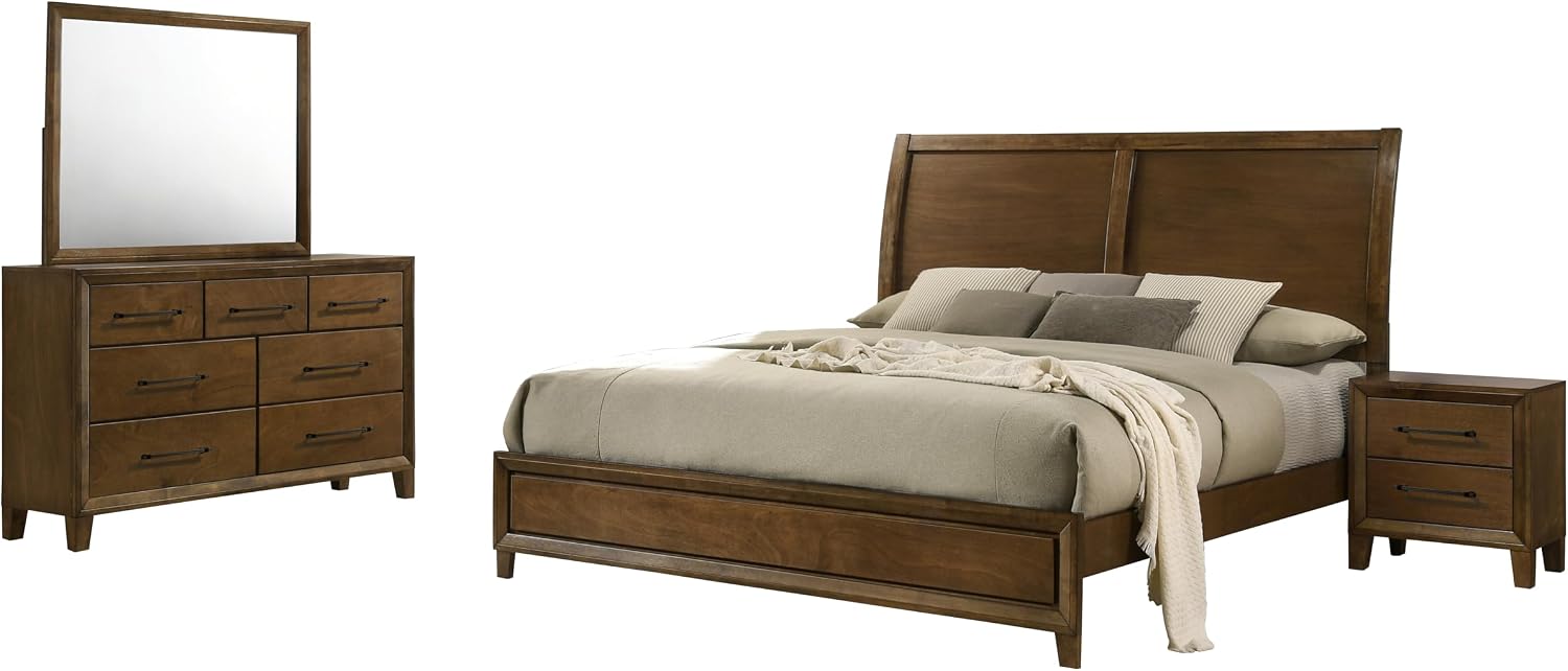 New Classic Furniture Ballard 4-Piece Wood King Bedroom Set with Nightstand, Walnut Brown